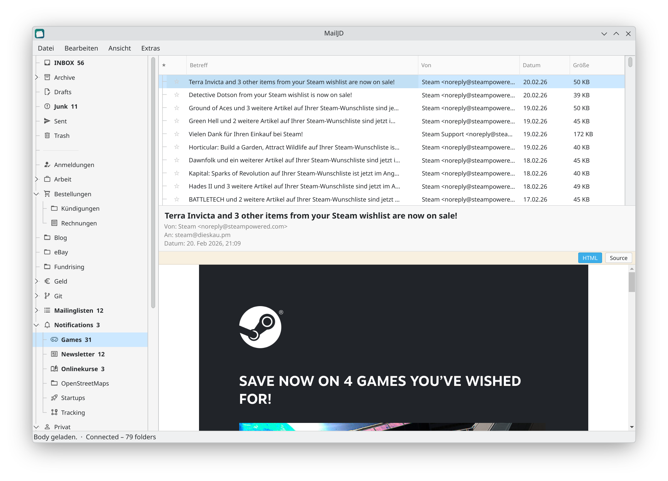 MailJD — 3-pane mail client with folder tree, mail list, and HTML preview