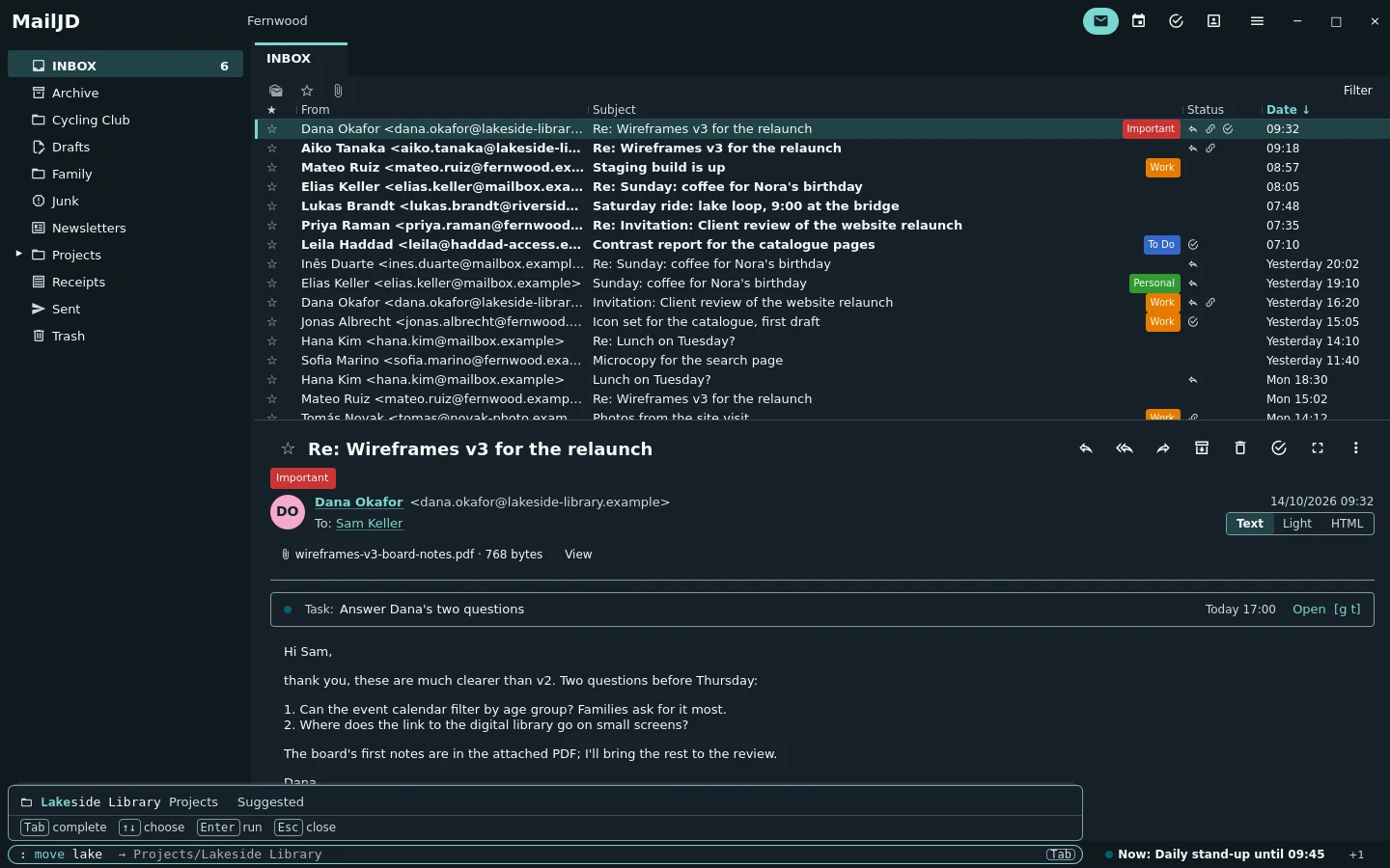 The command bar at the bottom left with the text move Lake typed in. Dark theme.
