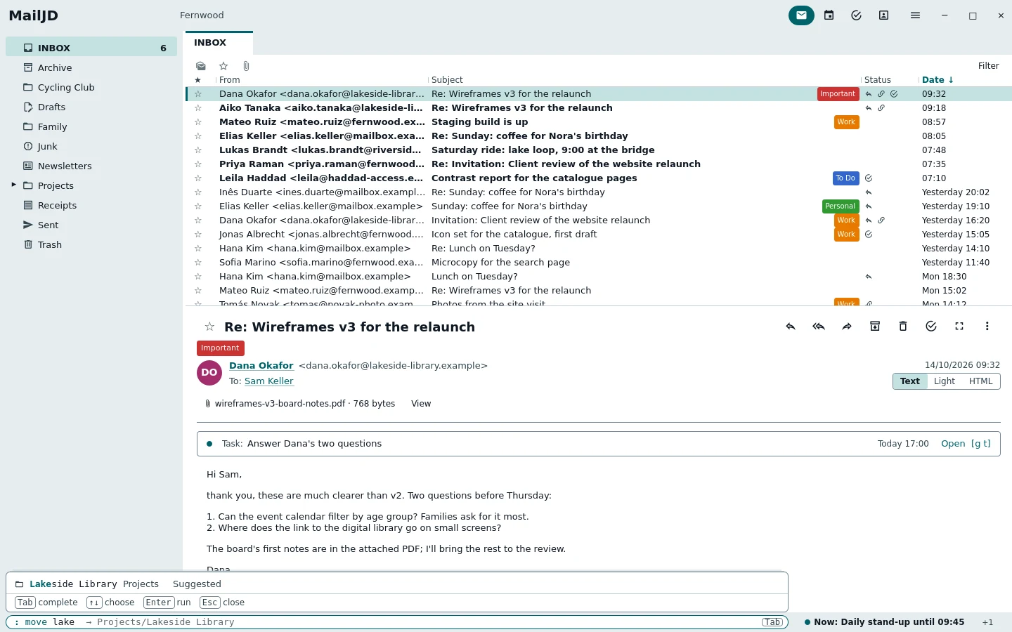 The command bar at the bottom left with the text move Lake typed in. Light theme.