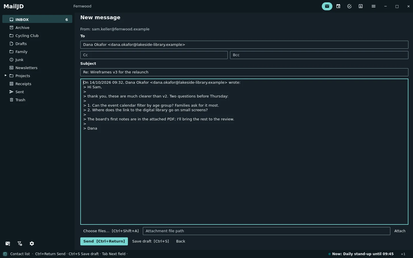 Compose view with recipient, subject and the quoted text of Dana's mail. Dark theme.