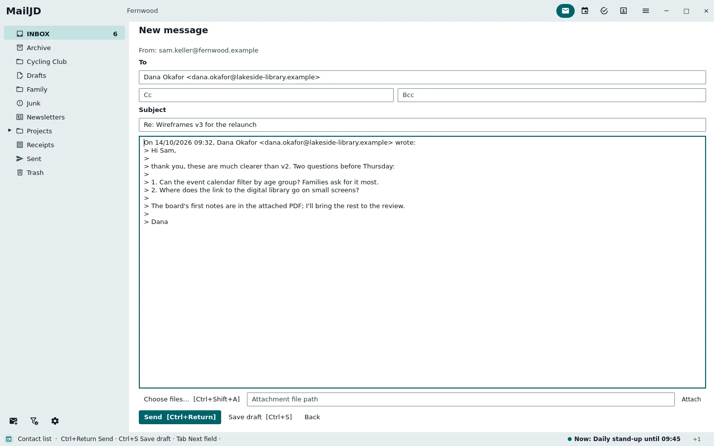 Compose view with recipient, subject and the quoted text of Dana's mail. Light theme.