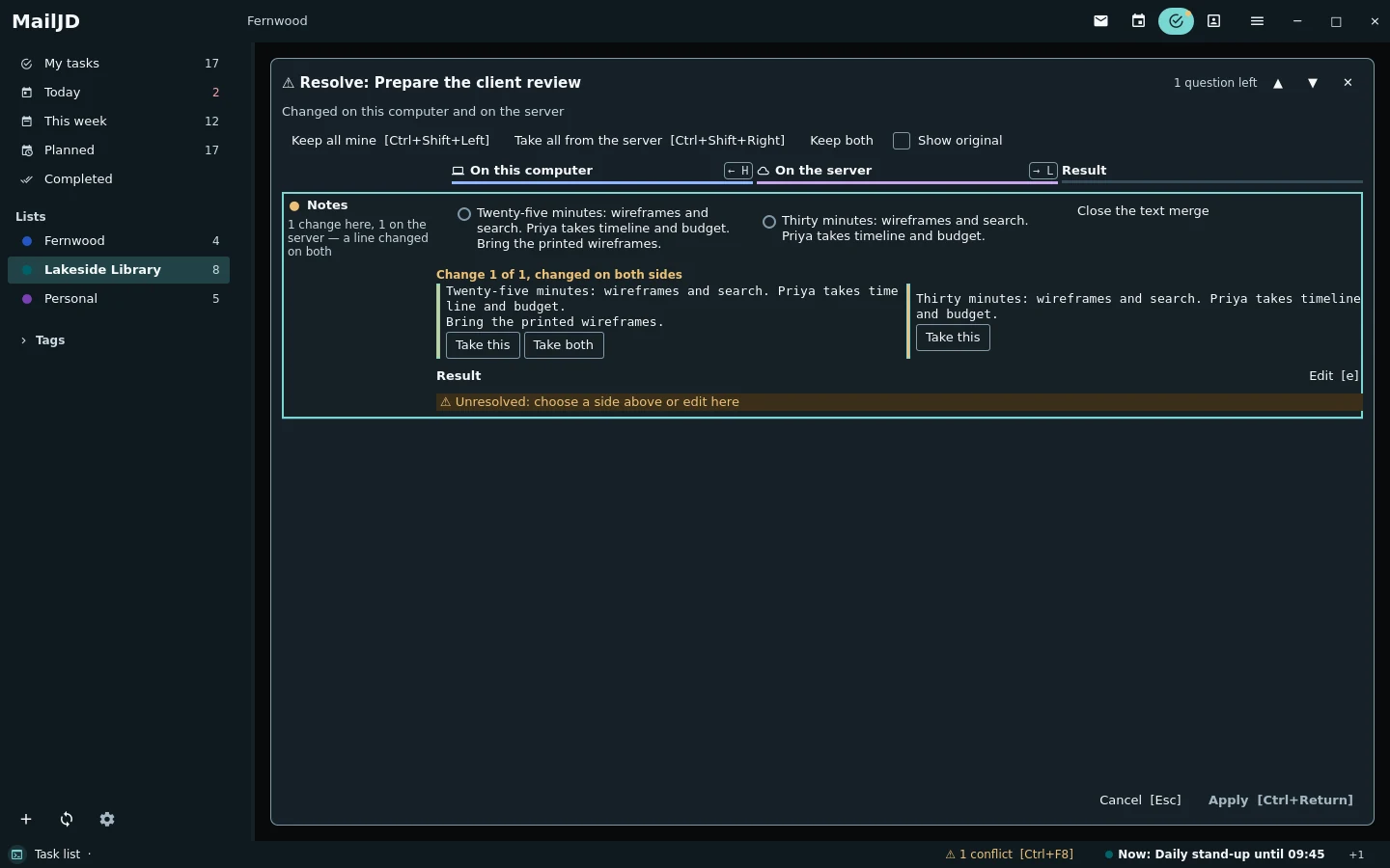 Conflict resolver with both versions of the task's notes side by side, one line changed on both sides and the result below. Dark theme.