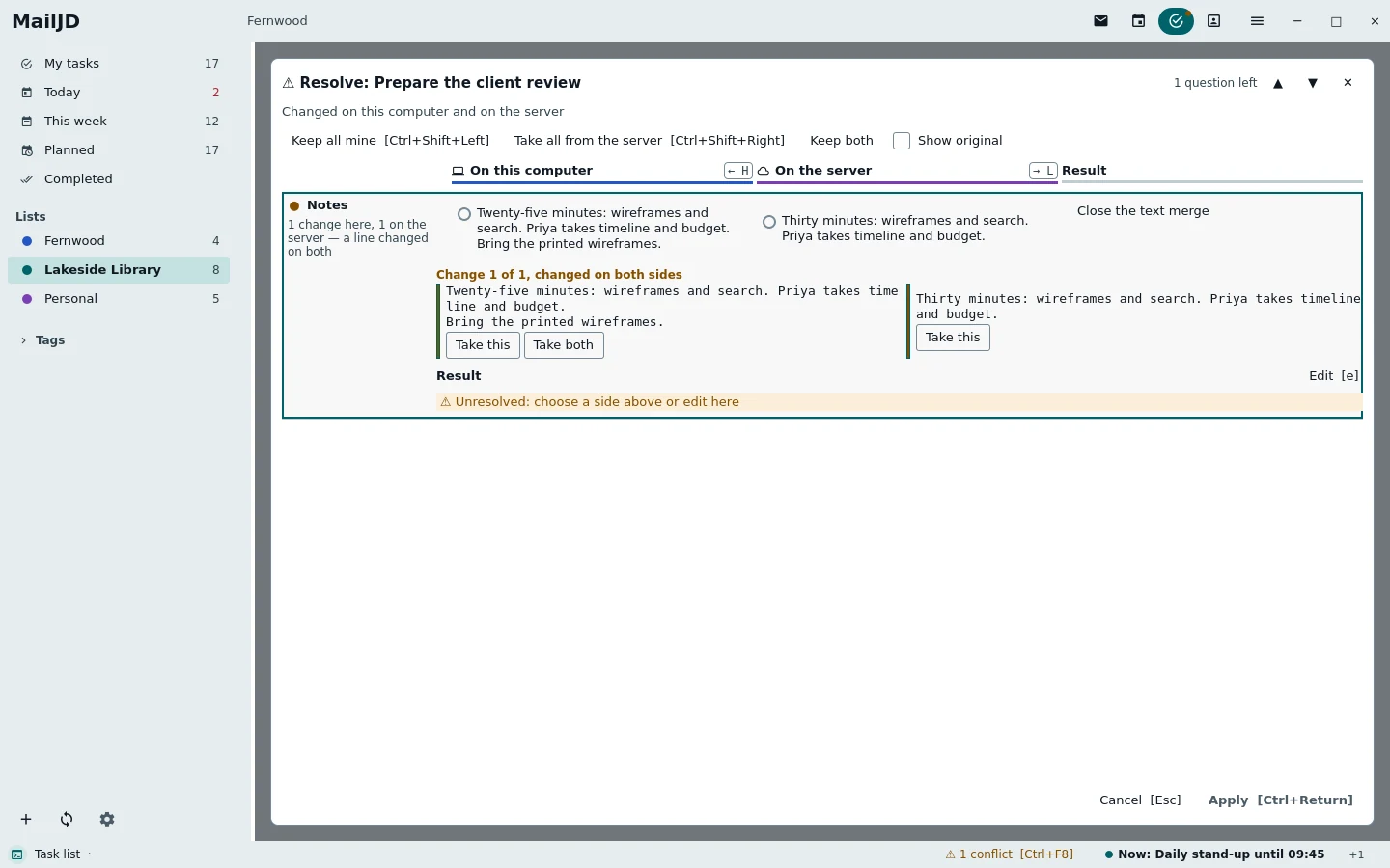 Conflict resolver with both versions of the task's notes side by side, one line changed on both sides and the result below. Light theme.