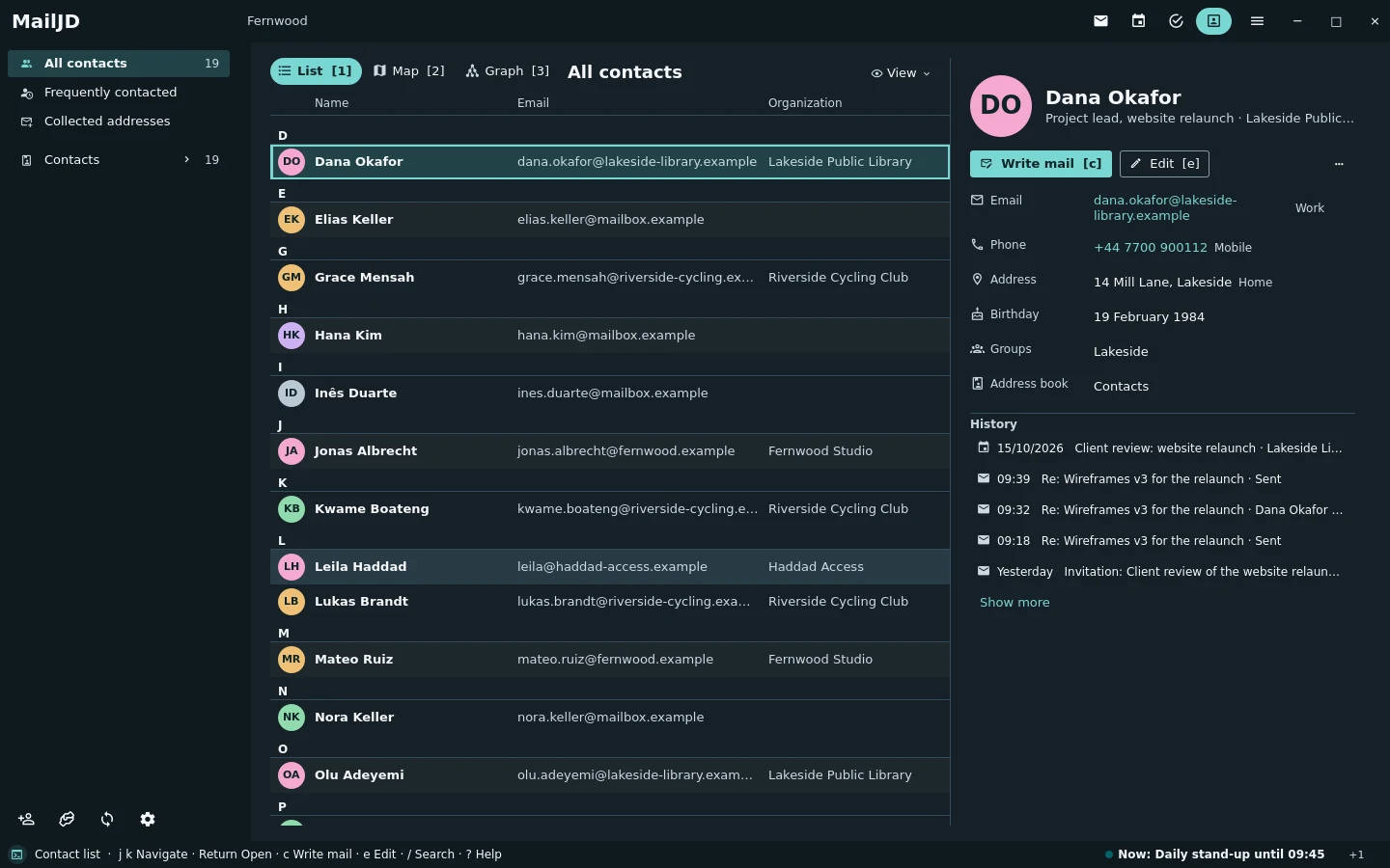 Contact list on the left and the contact card of Dana Okafor on the right. Dark theme.