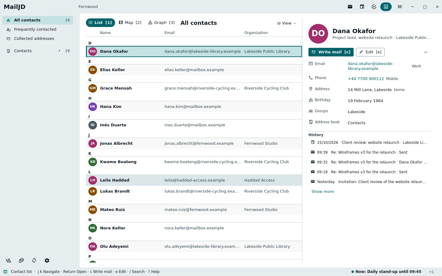 Contact list on the left and the contact card of Dana Okafor on the right. Light theme.