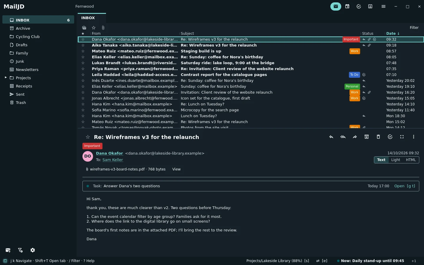 MailJD main window with the folder list on the left, the inbox in the middle and Dana Okafor's mail about the wireframes in the reader below. Dark theme.