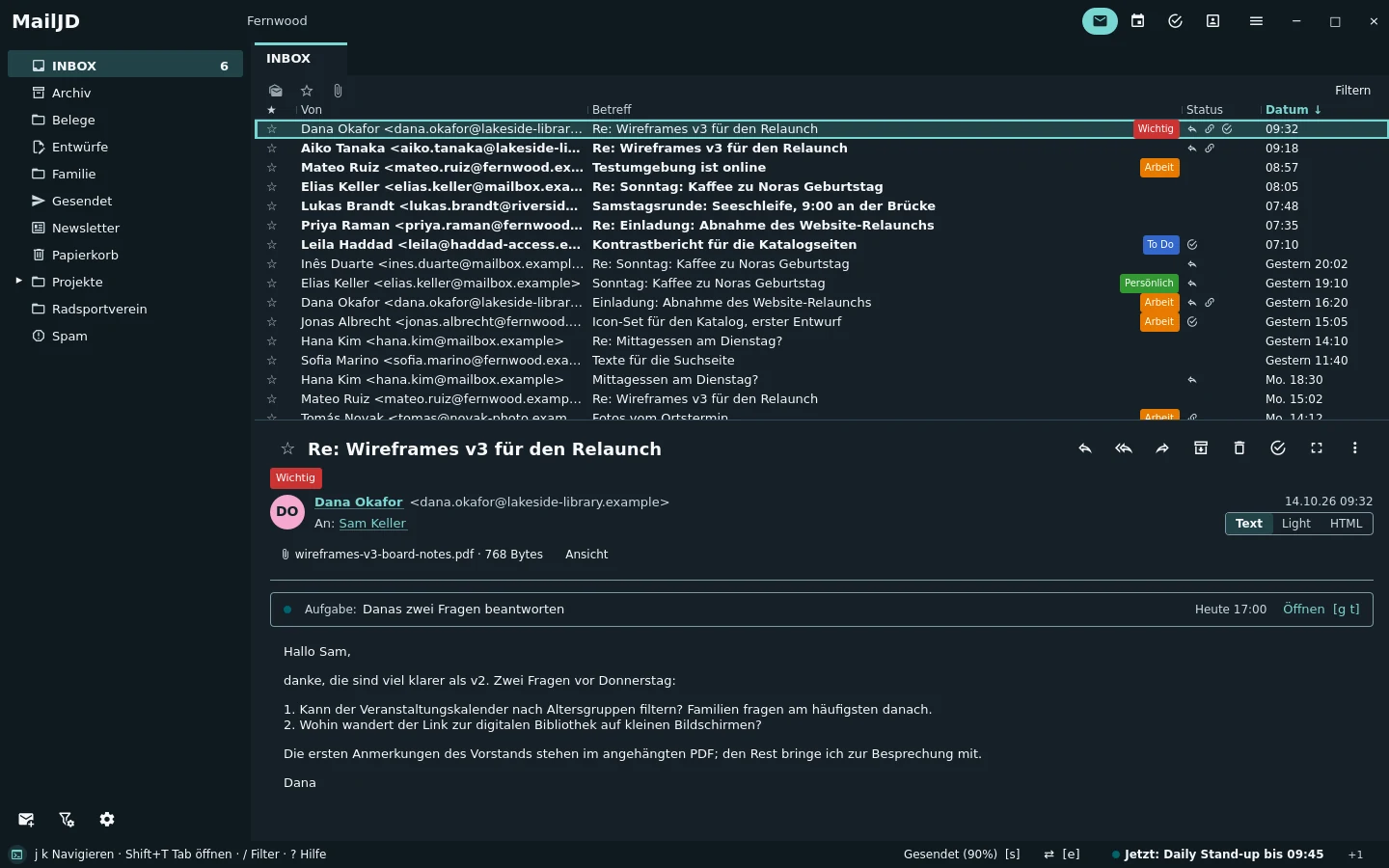 MailJD main window in German with the German example mail. Dark theme.