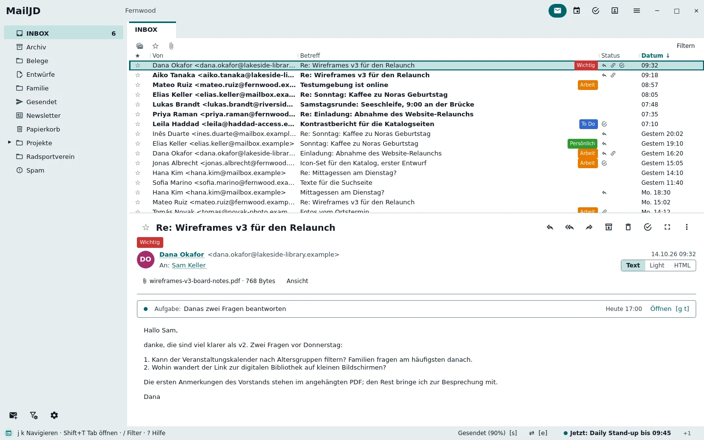 MailJD main window in German with the German example mail. Light theme.