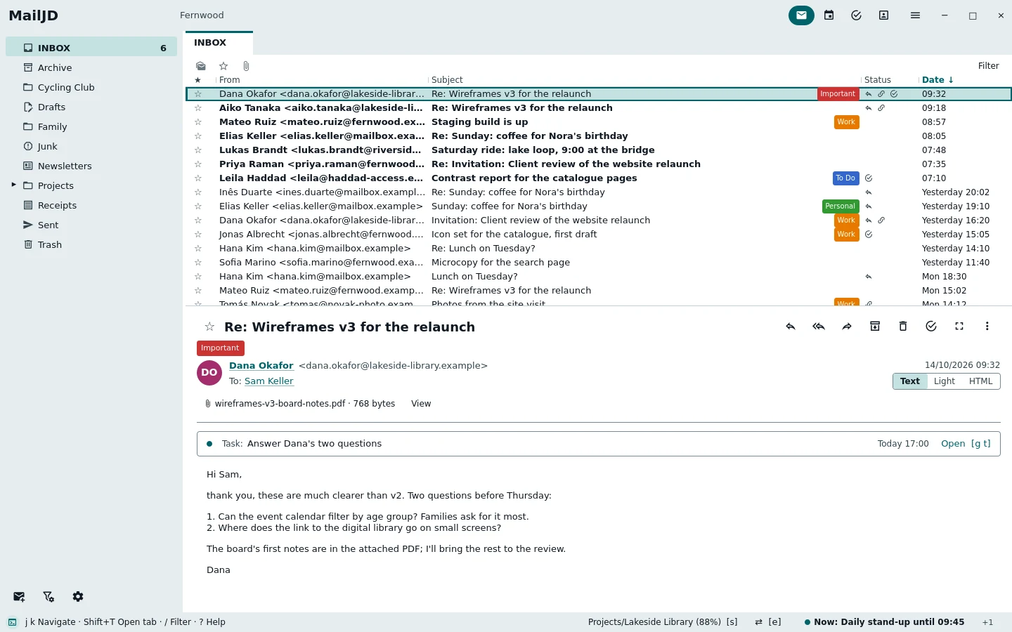 MailJD main window with the folder list on the left, the inbox in the middle and Dana Okafor's mail about the wireframes in the reader below. Light theme.