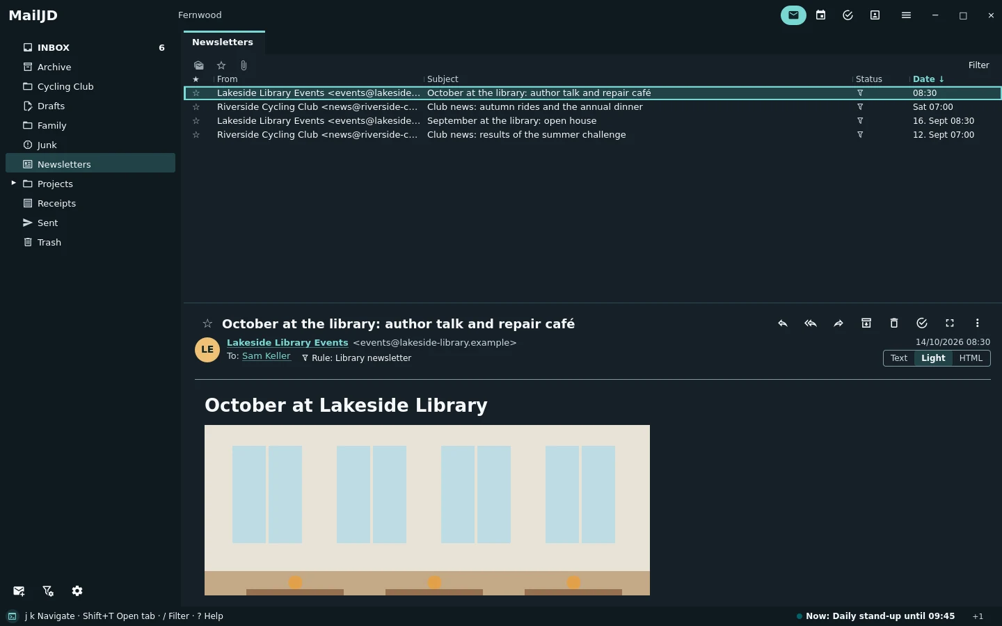 A newsletter from Lakeside Public Library rendered with headings, an embedded photo and a short event list. Dark theme.