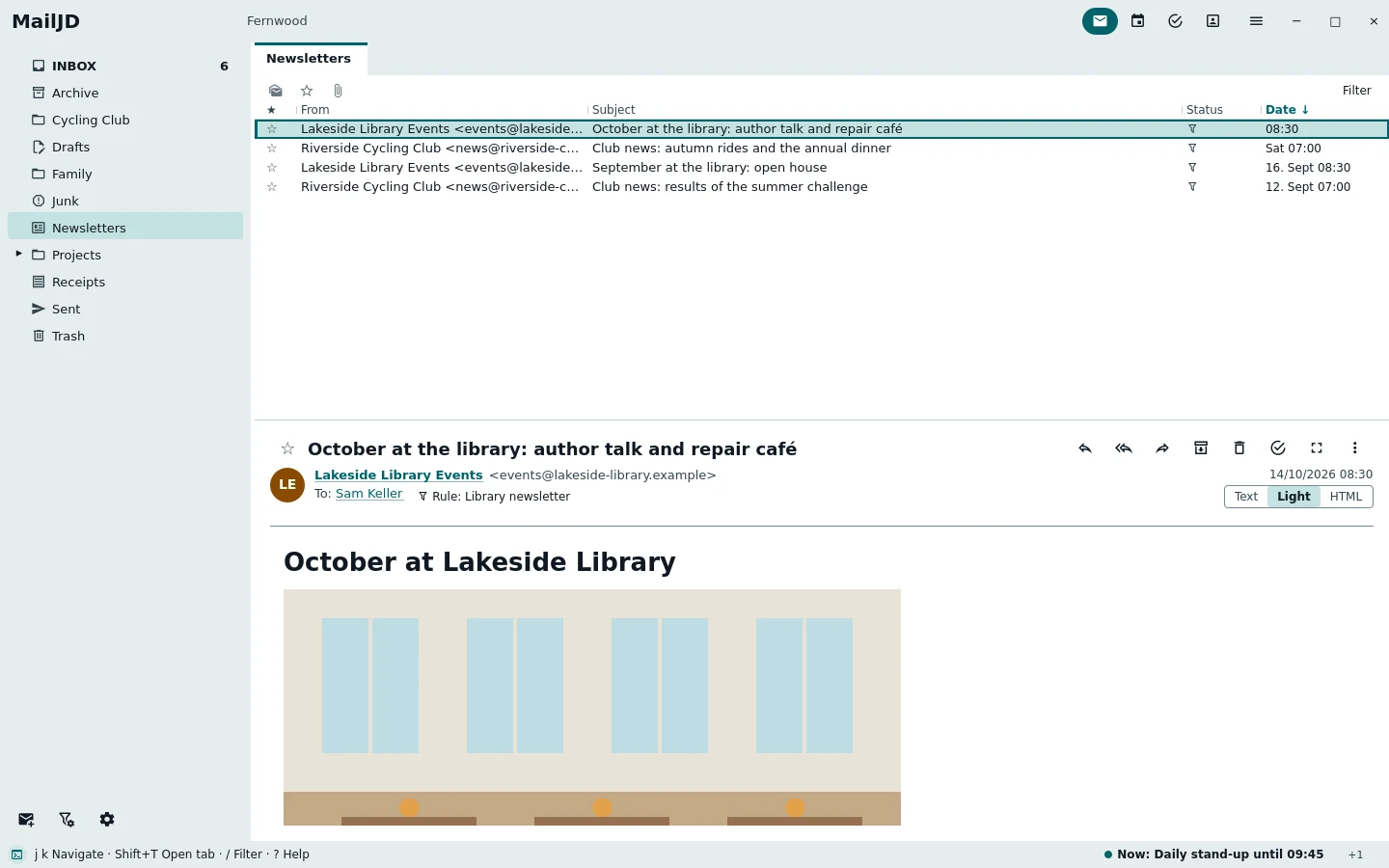 A newsletter from Lakeside Public Library rendered with headings, an embedded photo and a short event list. Light theme.