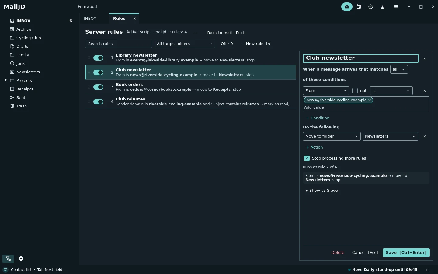 Rule manager with four rules and the visual editor of one rule open. Dark theme.