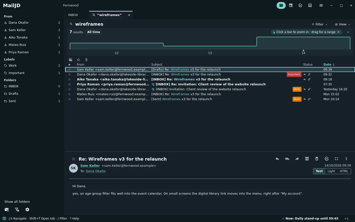 Search results for the word wireframes, with the first result open in the reader. Dark theme.