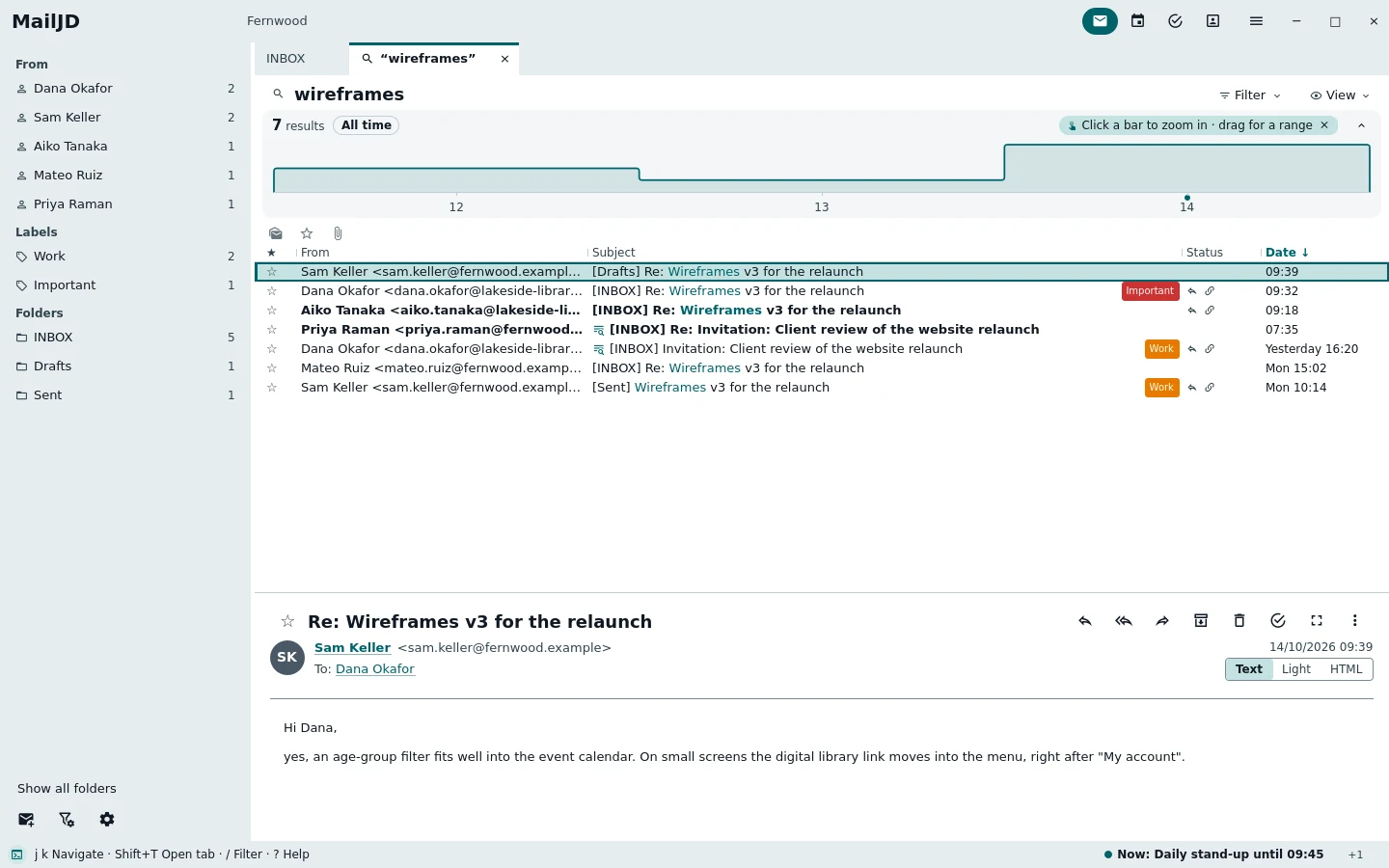 Search results for the word wireframes, with the first result open in the reader. Light theme.