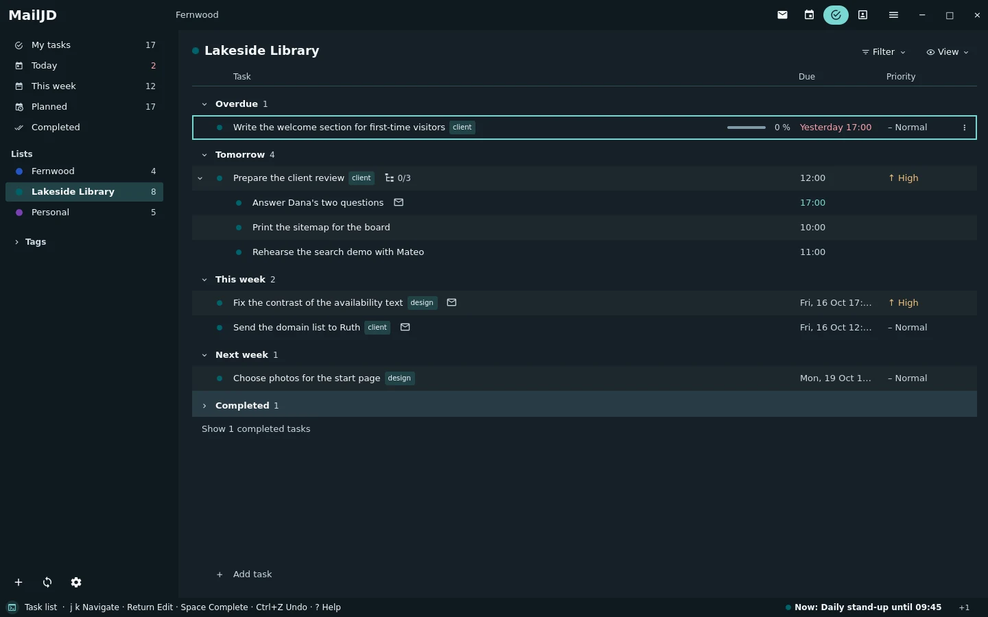 Task list with open tasks, due dates, tags and indented subtasks. Dark theme.