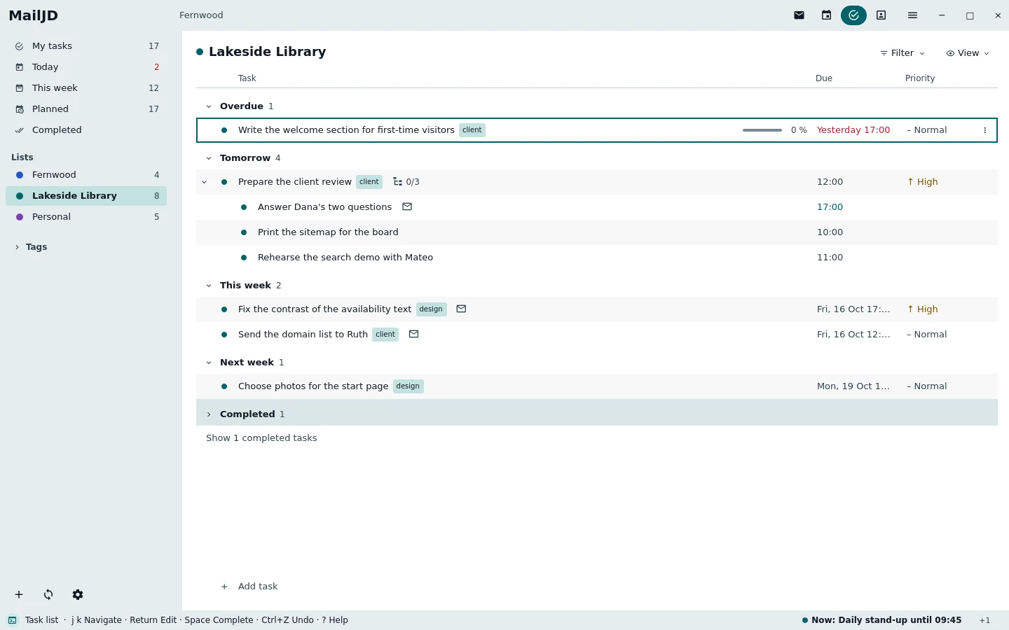 Task list with open tasks, due dates, tags and indented subtasks. Light theme.