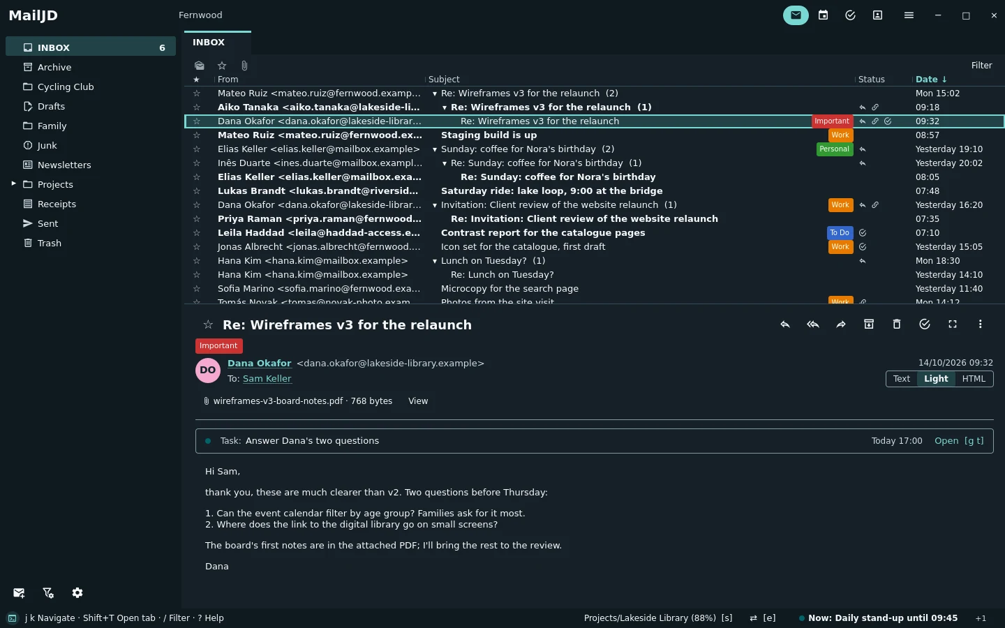 The inbox grouped into threads, with the wireframe conversation expanded into three indented replies. Dark theme.
