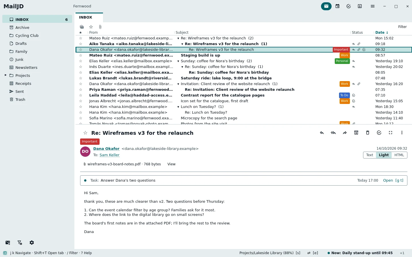 The inbox grouped into threads, with the wireframe conversation expanded into three indented replies. Light theme.